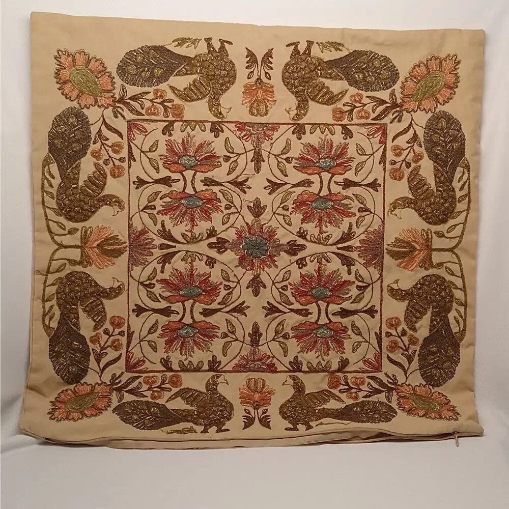 Pottery Barn Crewel Embroidered Peacock Pillow Cover Pair Linen Cotton 20x20